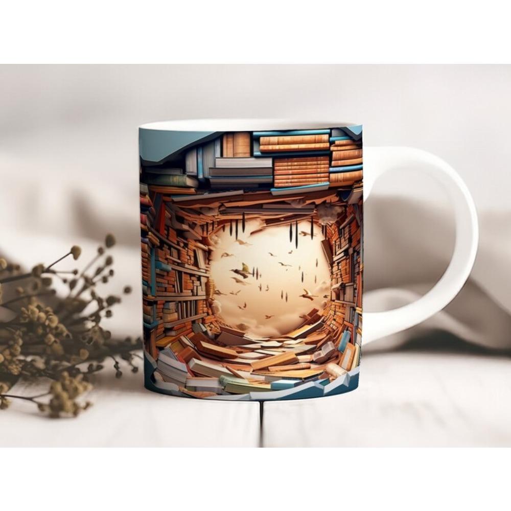 Library ceramic coffee mug bookshelf book fan tea cup reading