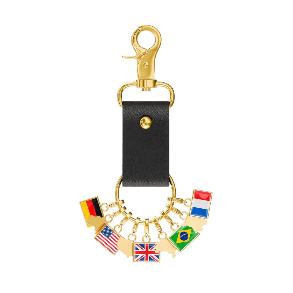 DIY World Travel Souvenir Keychain Leather Strap with Multiple Country Flag Charms Germany USA UK Brazil France Travel Accessory