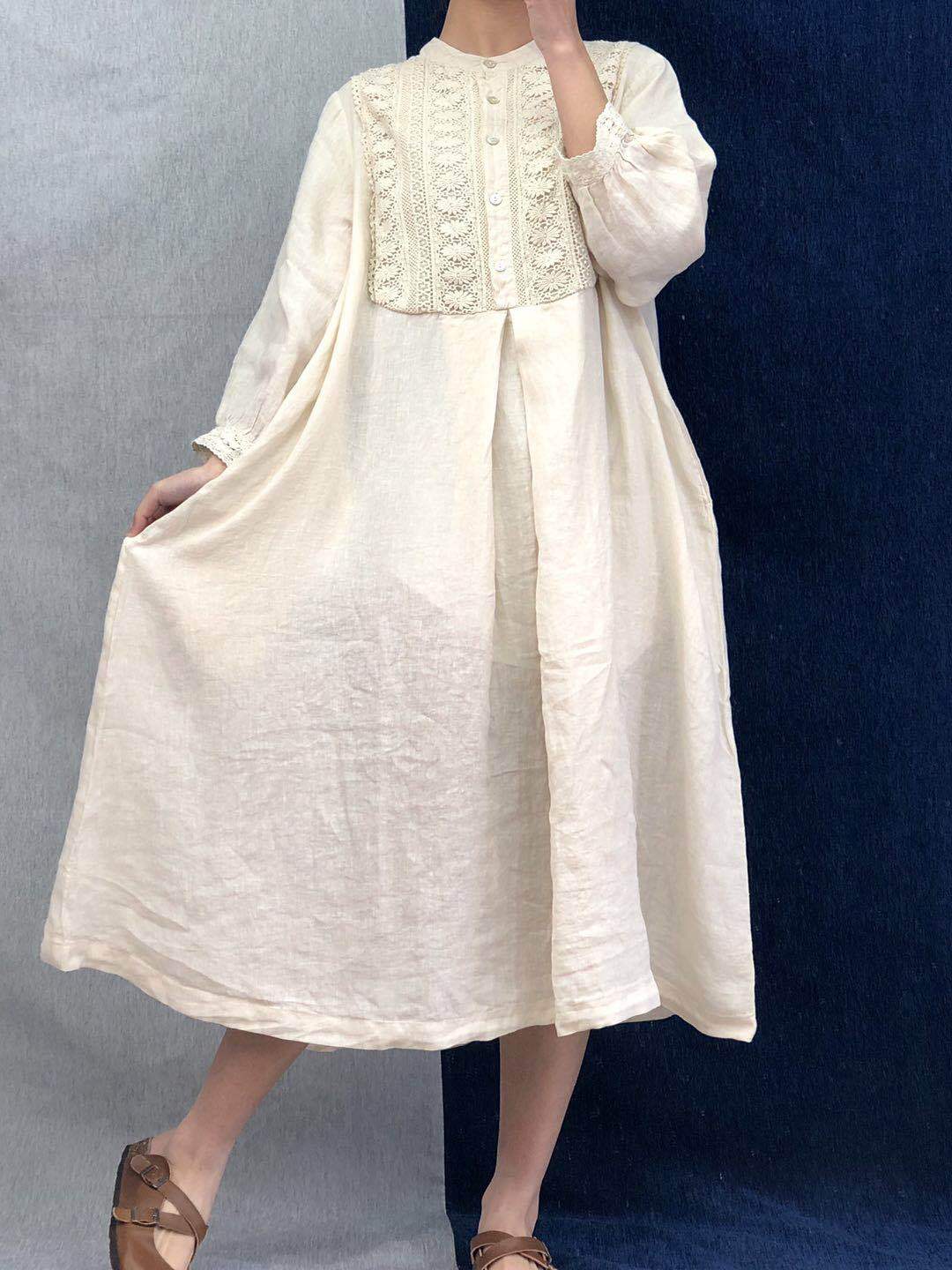 

Johnature винтажные свободные женские платья с цветочным принтом, осеннее однотонное платье с круглым вырезом и длинными рукавами на пуговицах One Size бежевый