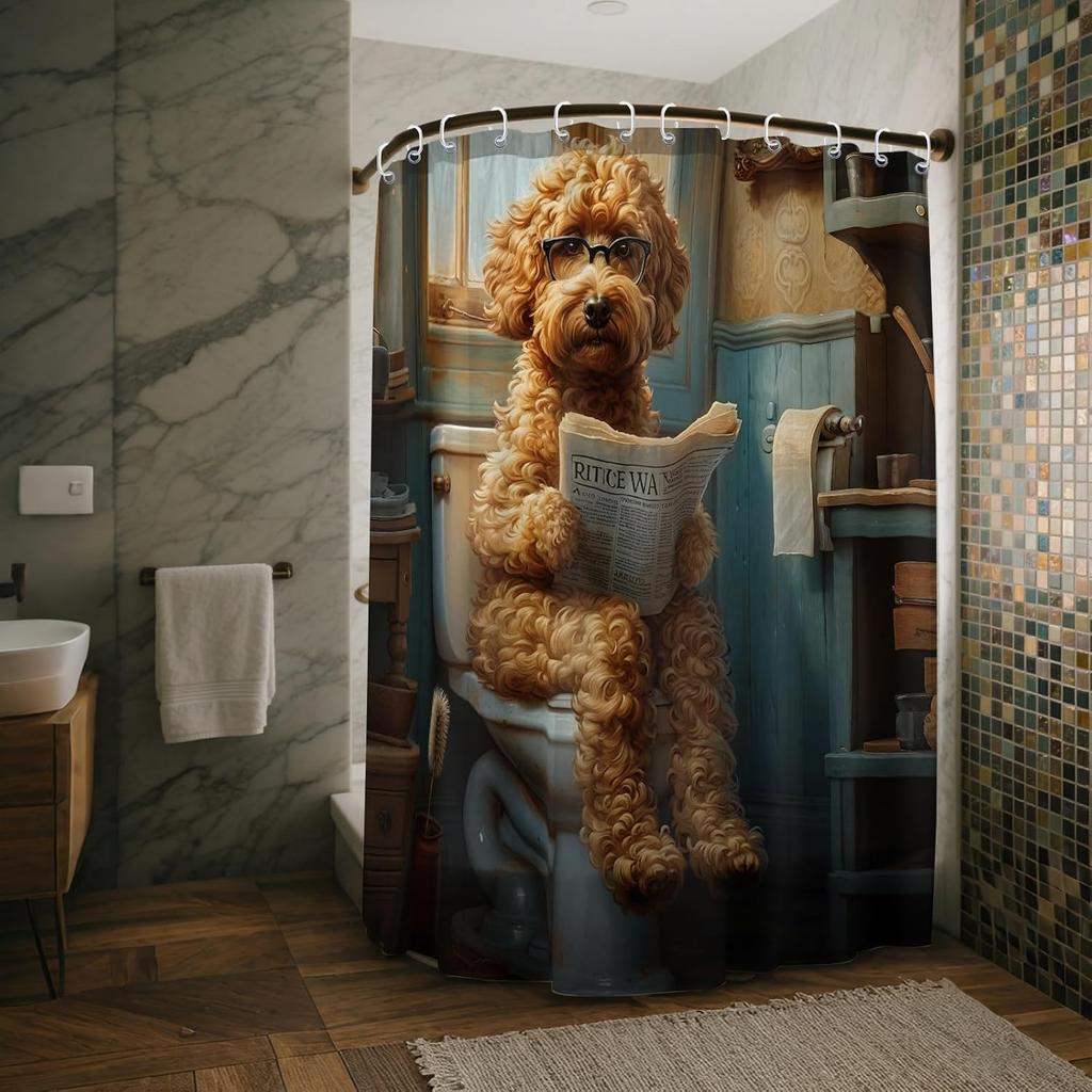 Süßer Teddyhund Duschvorhänge Lustiger Hund Sitzen Retro Toilette Scheunentor Dekor Polyesterstoff Wasserdicht Badezimmer Vorhänge Set mit
