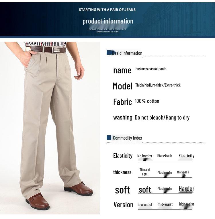 Dad's Pants Men's High Waist Cotton Double Pleated Loose Fit Pants for Spring & Autumn