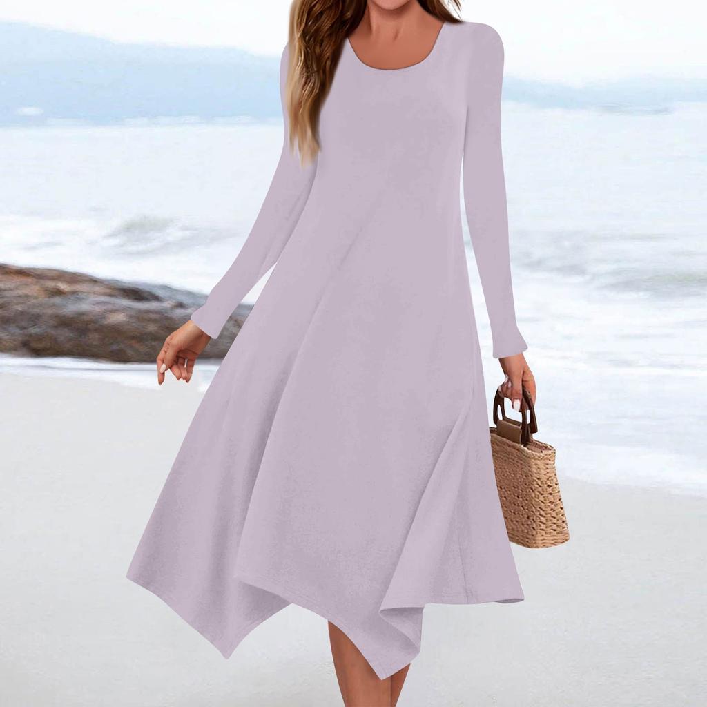 Women's Casual Fashion Round Neck Long Sleeve Solid Color Irregular Hem Midi Dress
