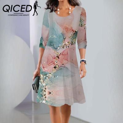 Vestidos midi estampados de manga comprida e gola redonda para mulheres, novos modelos de outono