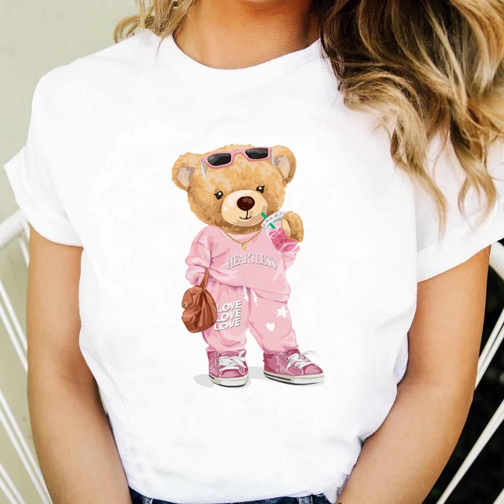 Printed Womens S Cute Clothing Short Sleeve Clothing Cartoon Cute Bear Pattern Tshirt Fashion Womens Casual Versatile Tshi