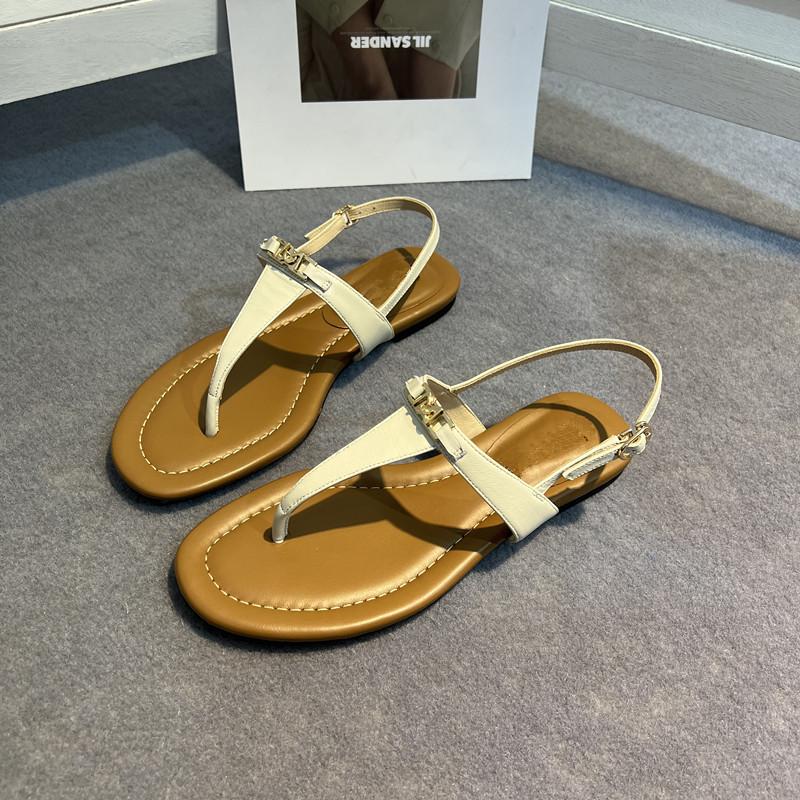 Leather retro toe Roman sandals women's 2025 summer new fashion casual flat-bottom pinch herringbone cool slippers