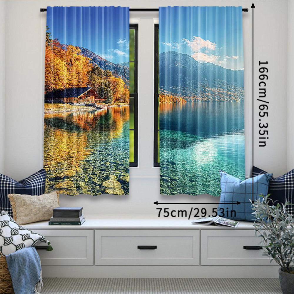 Set Of 2 Mountains Lake Curtain Autumn Nature Landscape Forest Scenery Trip Travel Theme Party Decoration Many Other Polyester
