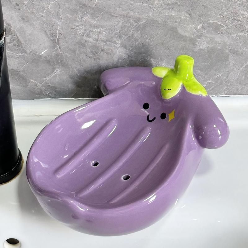 Eggplant Shaped Ceramic Soap Box With Drainage Design Cute Bathroom Decor Practical Soap Holder For Sink Countertop
