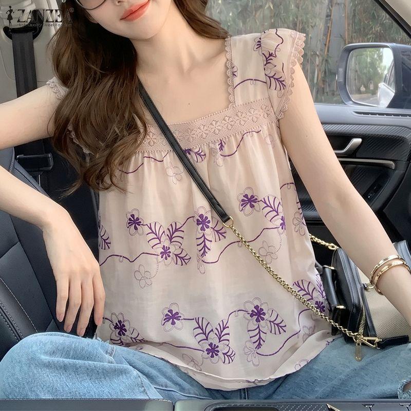 ZANZEA Women Elegant Square Collar Casual Sleeveless Print Tank Tops