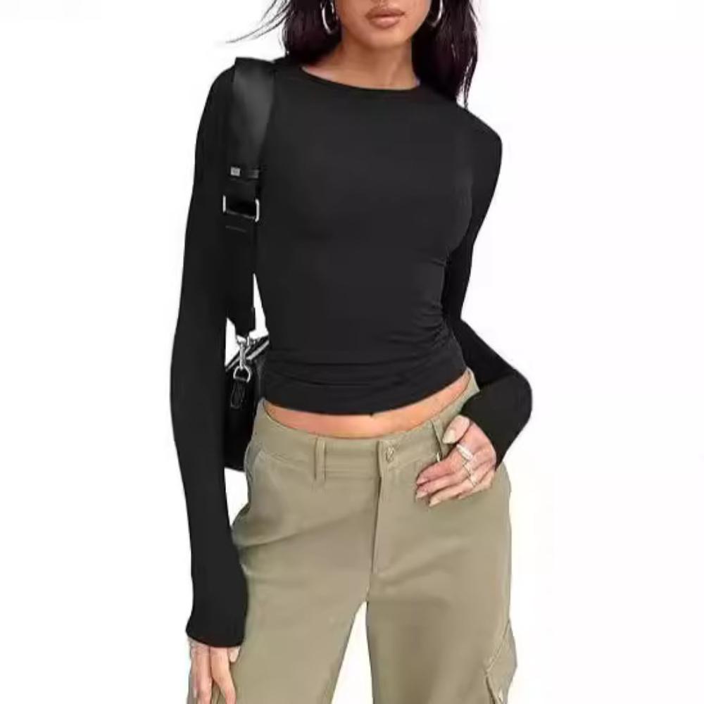 Women's Top for Spring and Autumn Base, Women's High-end Round Neck Long Sleeved Pullover, Slim Fit Milk Silk T-shirt