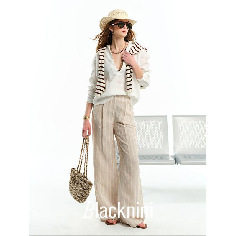 Blacknini "Little Time" V-neck Shirt Tops Linen 190gsm Plain Comfortable Dark White