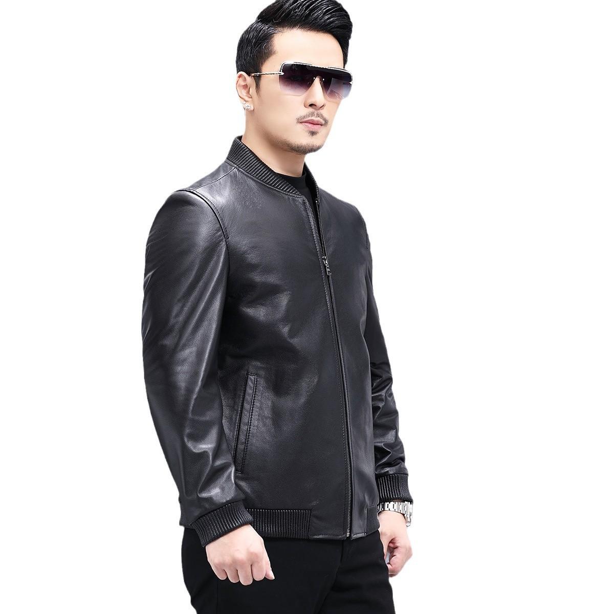 Кожаная куртка мужская короткая с круглым вырезом из овчины — фото 6