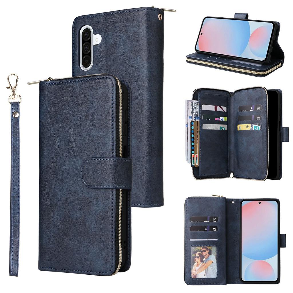 For Samsung Galaxy A37 5G Case Zipper Pocket 9 Card Slots PU Leather Phone Cover with Hand Strap