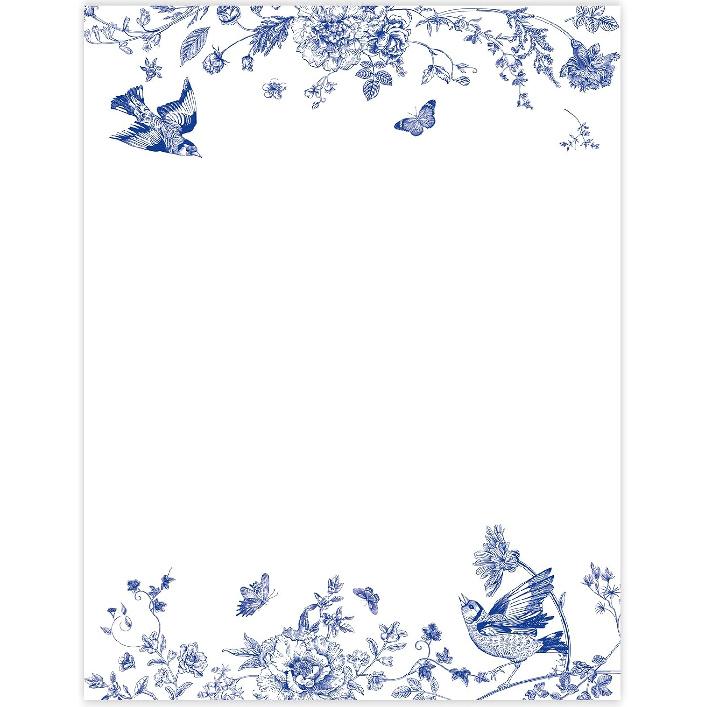 60 Sheets Blue Floral Stationery Letterhead Paper Chinoiserie Flower Bird Butterfly Writing Paper Single-Sided Greeting Paper for Invitations Office