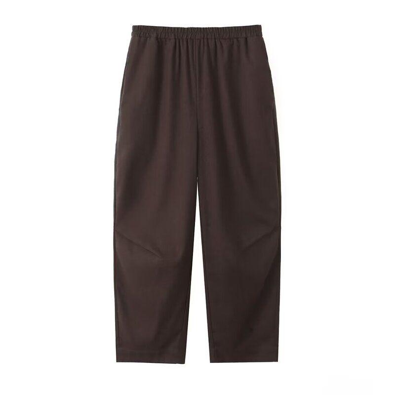 Fashion Style 24 Vintage Brown Pure Linen Mid Length Long Length Shirt Style Outwear Elastic Waist Pants 06043953717