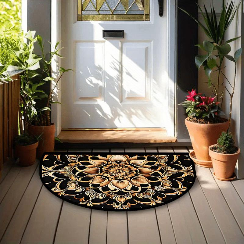 1 Stück Schwarz Gold Lotus Halbkreis Willkommen Fußmatte Rutschfest für Außenbereich Terrasse Veranda Küche Badezimmer Eingangsbereich Bodenmatte 50X80CM