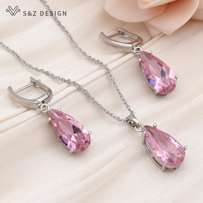 Fashion Water Drop Cubic Zirconia Dangle Earrings Jewelry Sets For Women Wedding Rose Gold Color Necklace