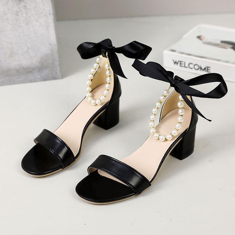 

Fairy style with skirt bow pearl thick heel sandals female summer 2025 new French temperament high heels 35 чёрный