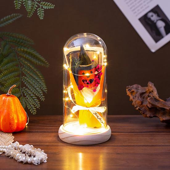 LED Clear Dome Pumpkin Night Light Halloween Pumpkin Figurine in Cloche with LED Light for Home Kitchen Mantel Tabletop Decor