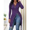 Women's Solid Color Long Sleeve Zip V Neck High Slit Long Ribbed Shirt