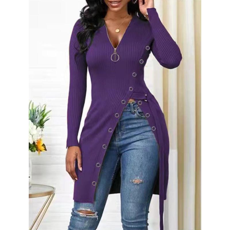 Women's Solid Color Long Sleeve Zip V Neck High Slit Long Ribbed Shirt