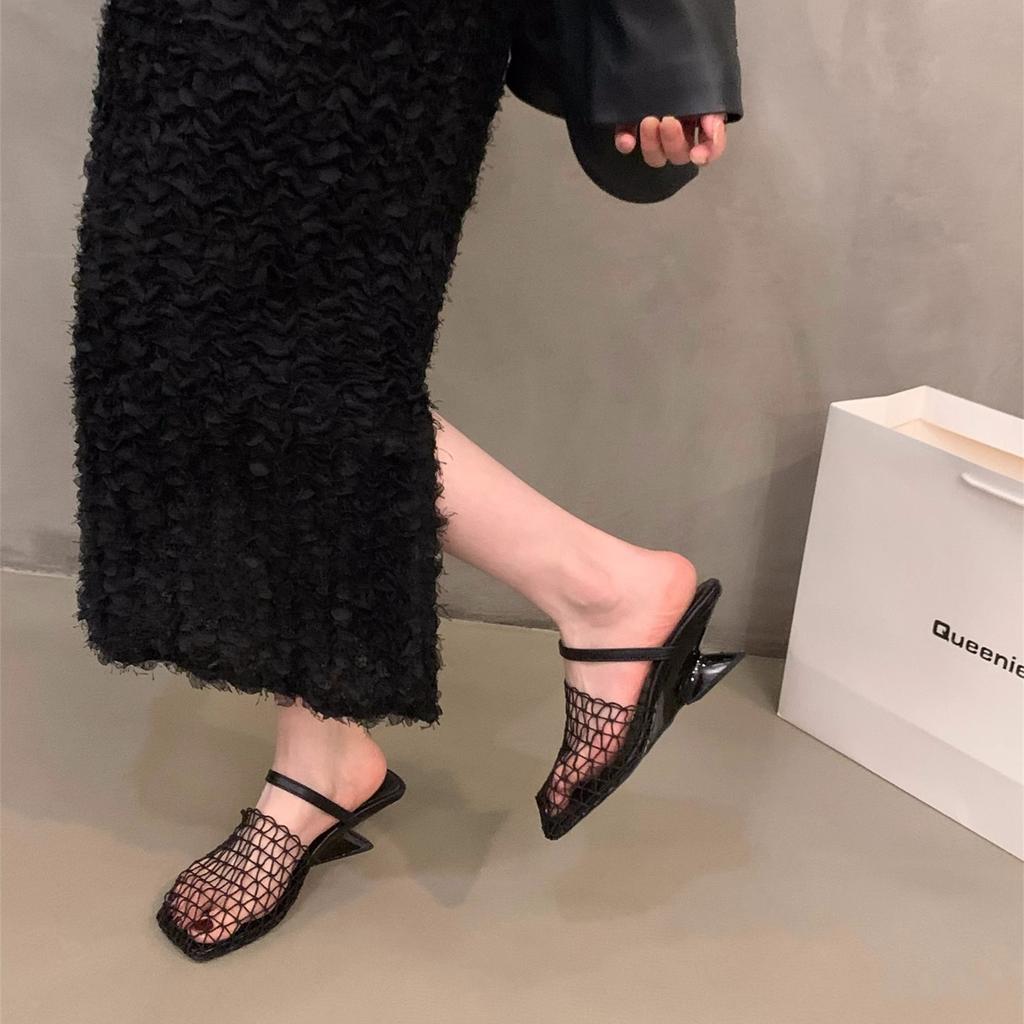2025 summer French woven mesh hollow bag head half slippers women's shoes wear wedge heels high heels Roman sandals