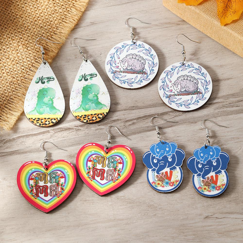 Retro Fun Geometric Elephant Pattern Wooden Earrings