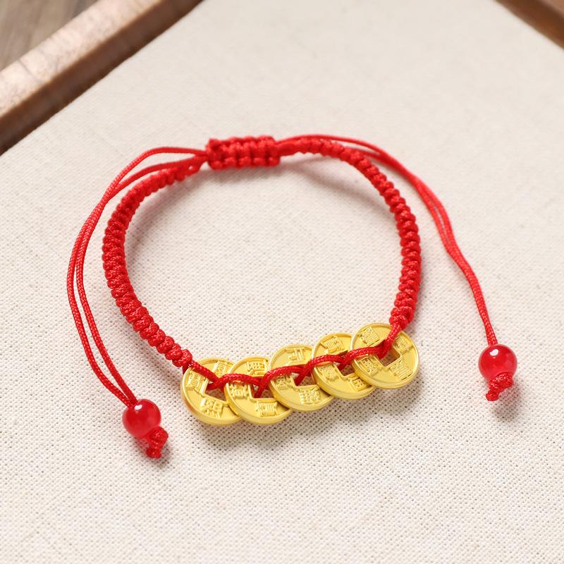 Ancient sand gold hammer pattern coiling bracelet yellow God of Wealth five emperors money red rope woven bracelet men's and women's retro hand rope
