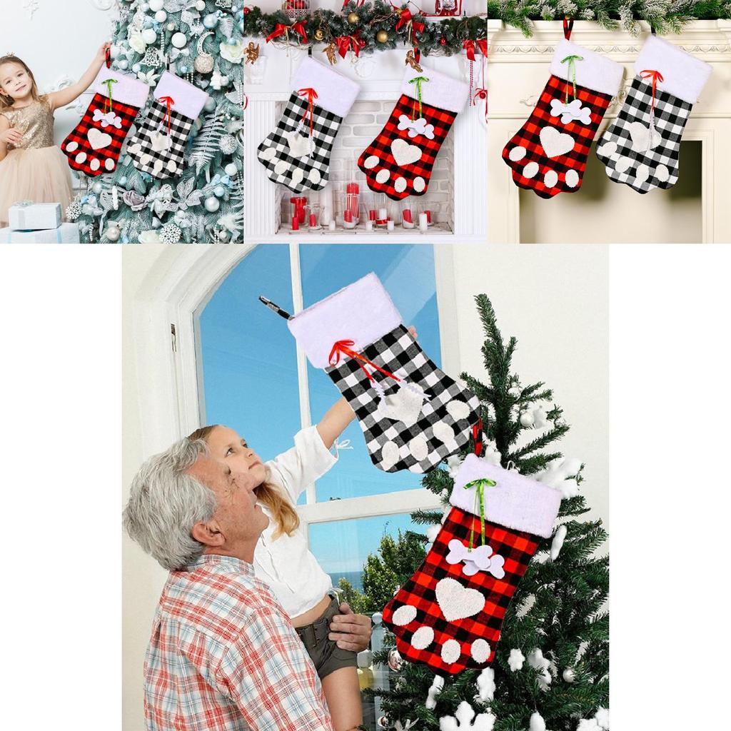 Adorable Red And Black Plaid Dog Paw Christmas Sock Ideal Holiday Gift Bag For Children