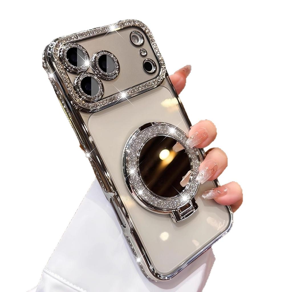 The new iPhone17 bracket magnetic mobile phone case is suitable for Apple 16 rhinestone mirror 15 Pro Max protective case.