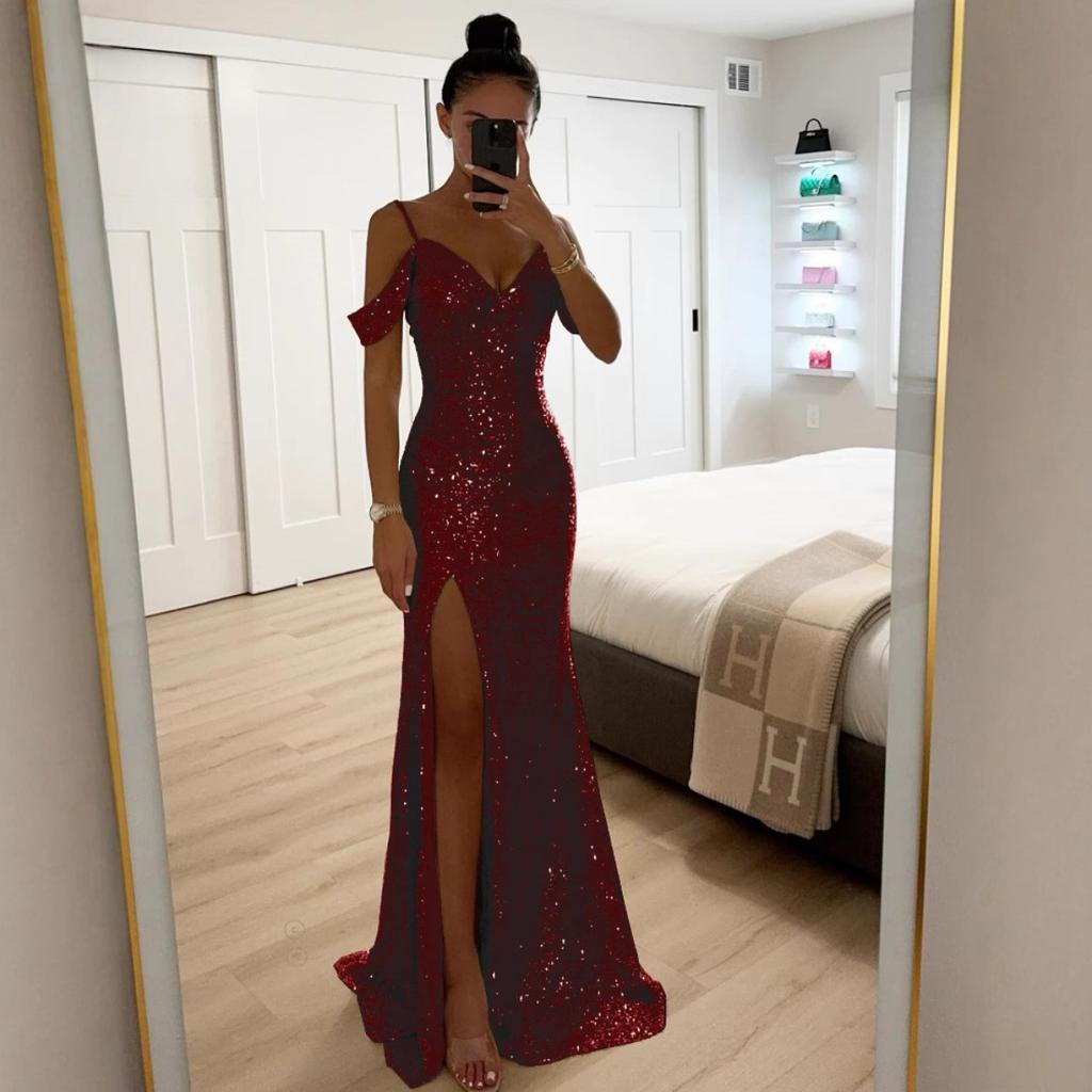 Women's V Neck Cold Shoulder Sleeveless Maxi Dress Mermaid Fit Mid Waist Elegant Sequin Slit Evening Gown
