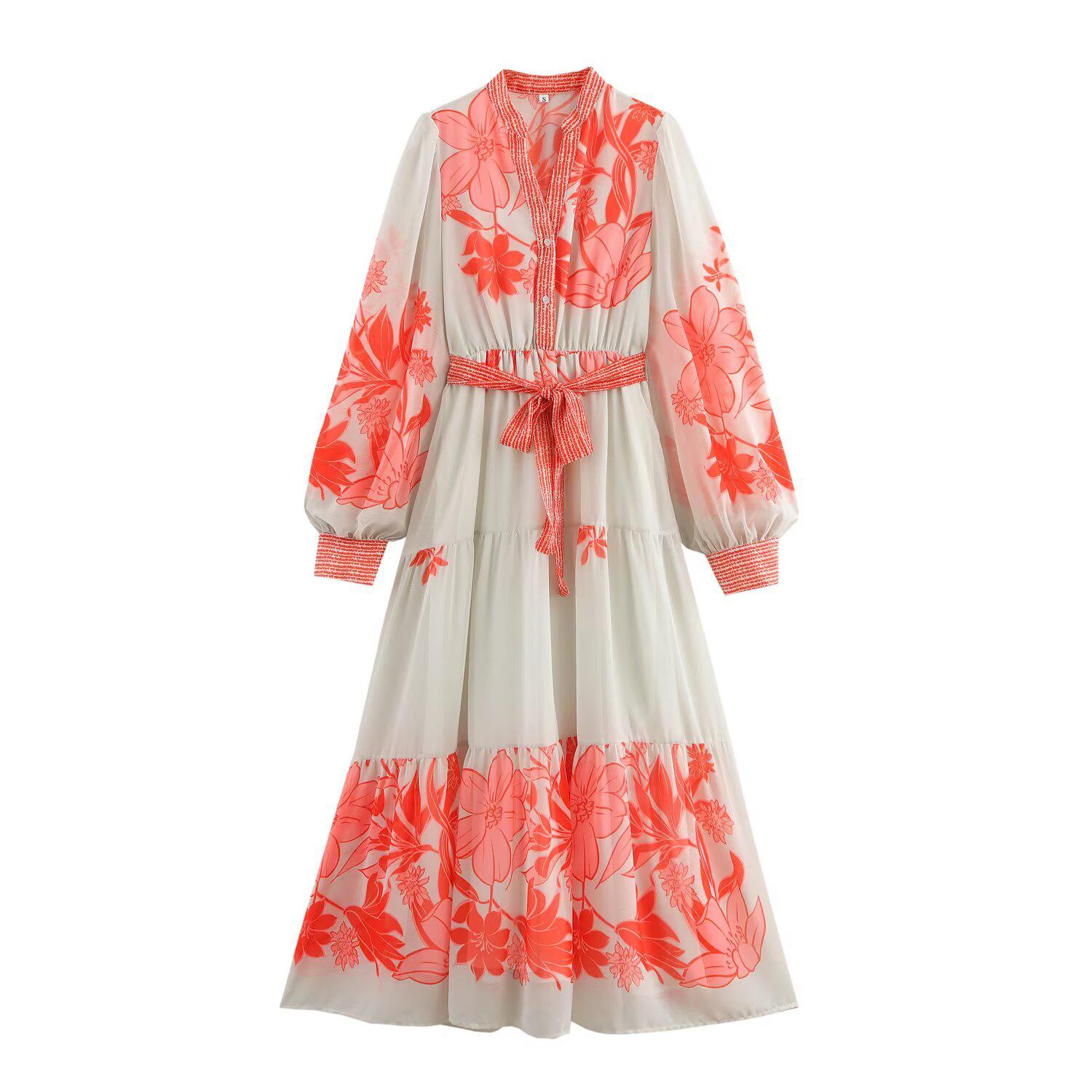 

Весна 2025 Женское платье в европейском и американском стиле с V-образным вырезом и завязкой на талии с принтом Extra Small