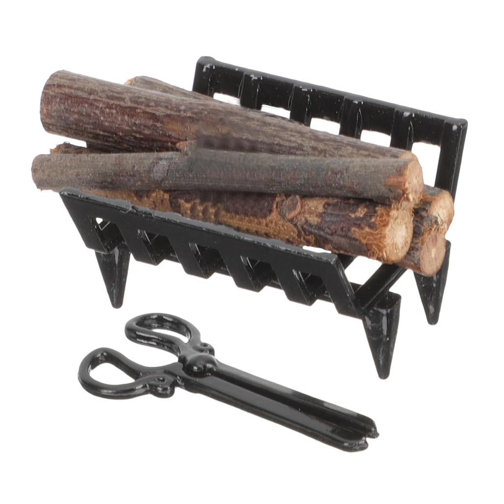 Miniature Dollhouse Firewood Rack Set With Firewood and Tongs For 1/12 Scale Model Scene And Craft Model Project Decors