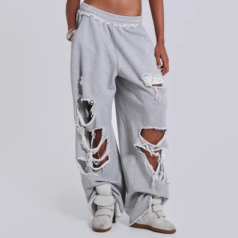 European And American Trend Casual Pants Men'S And Women'S Street Hip-Hop Ripped Design Wide-Leg Loose Denim Trousers