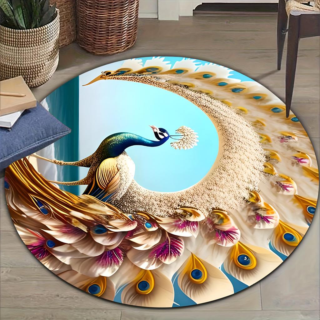 Peacock Feather Round Rug Flannel Printed Carpet Boho Art Design Home Decor Cozy Soft Floor Mat Kids Room Indoor Use