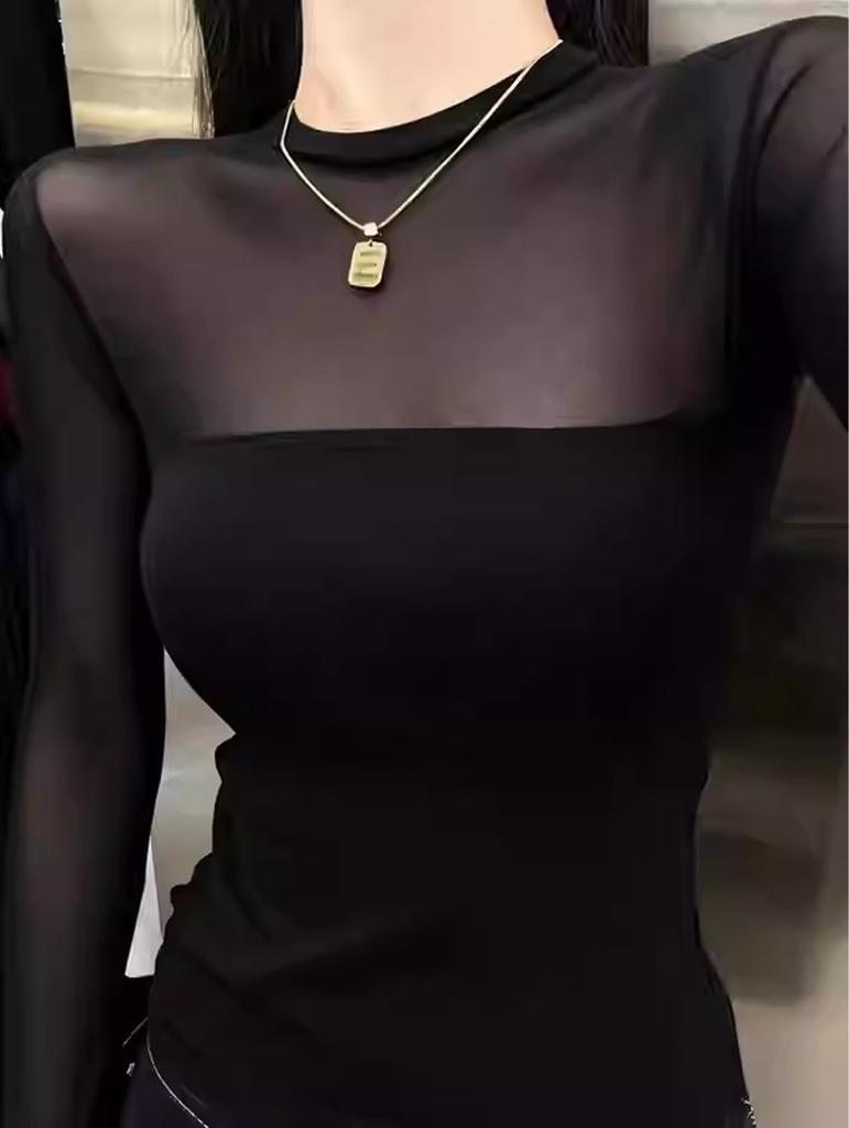 Womens Long Sleeve Basic T Shirt With Sheer Panel And High Neck For Casual Wear