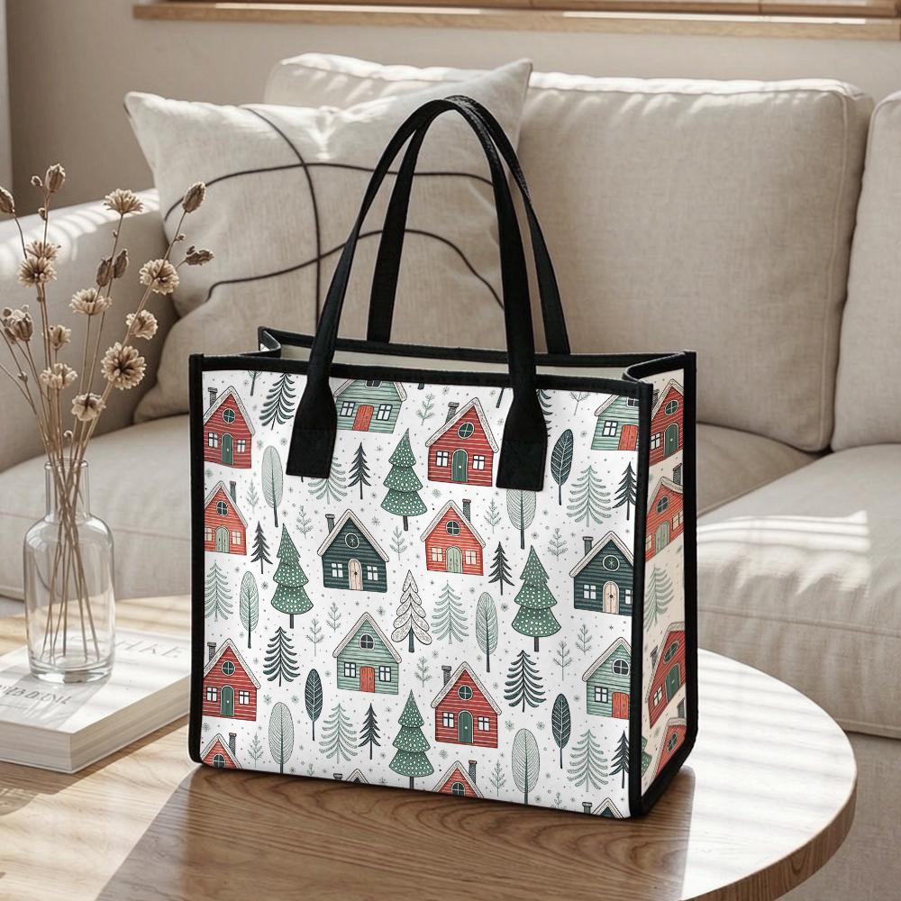 Cute Winter House Pattern Tote Bag Fashion Large Capacity Shoulder Bag for Daily Shopping Travel