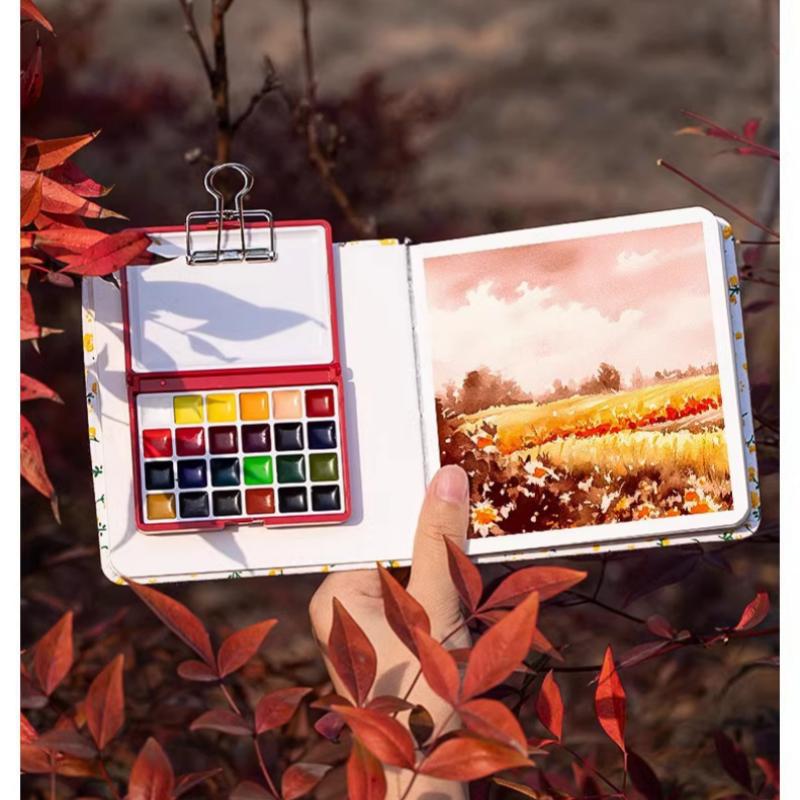 12/24 Colors Portable Travel Watercolor Palette With Waterbox Mini Paint Box Sketchbook Water Brush Student Outing Art Supplies