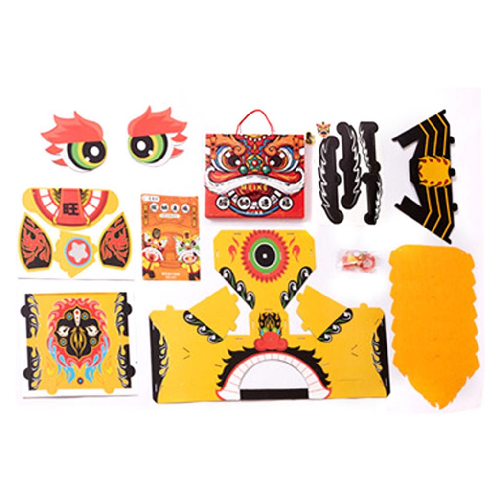 Chinese Lion Dance Head DIY Assembly Interesting Educational Cute Style Paper Decorative Craft Model for Toy Yellow