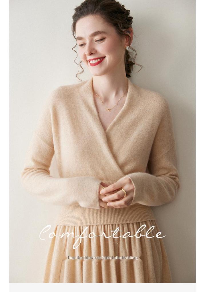 Women's Cross V-Neck Cashmere Sweater - 2026 Autumn/Winter French Robe Style Knit Outerwear