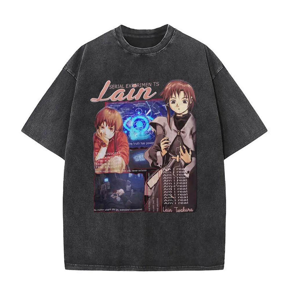 Washed Vintage Anime Serial Experiments Lain Face Graphic Tshirt Manga Girl Sci Fi Yk T Shirt Men Women Cotton Retro Tshirts
