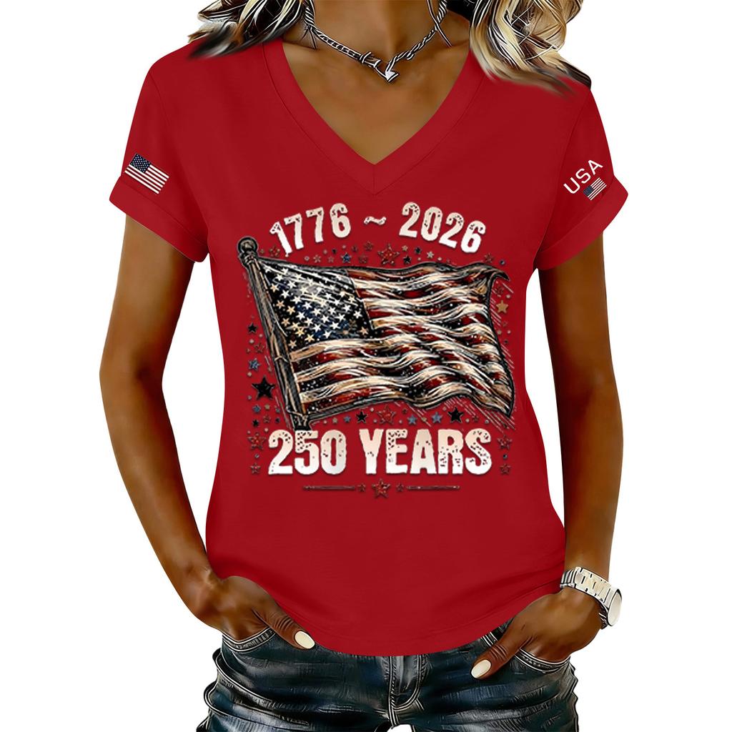 Modisches Damen-T-Shirt mit V-Ausschnitt, lässig, im Retro-Print, kurzärmelig