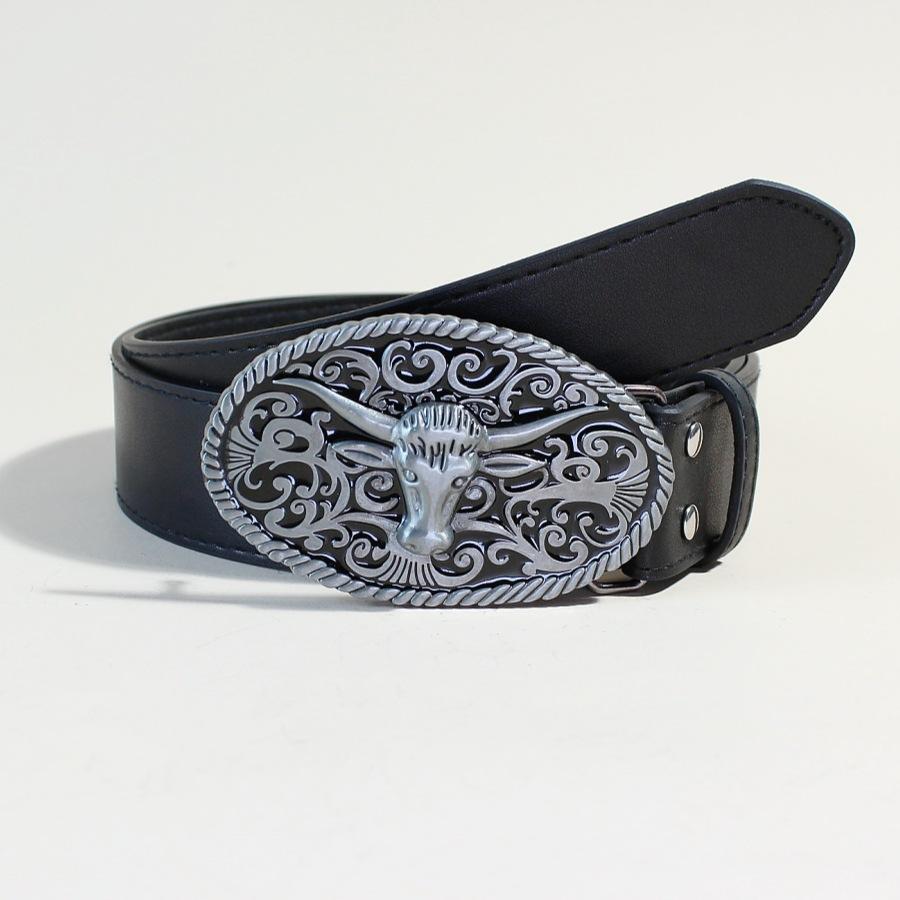 

Tang Grass Pattern Cow Head Oval Buckle Hip-Hop Big Head Belt Female Western Denim Buckle Decorative Belt Female 110Cm long