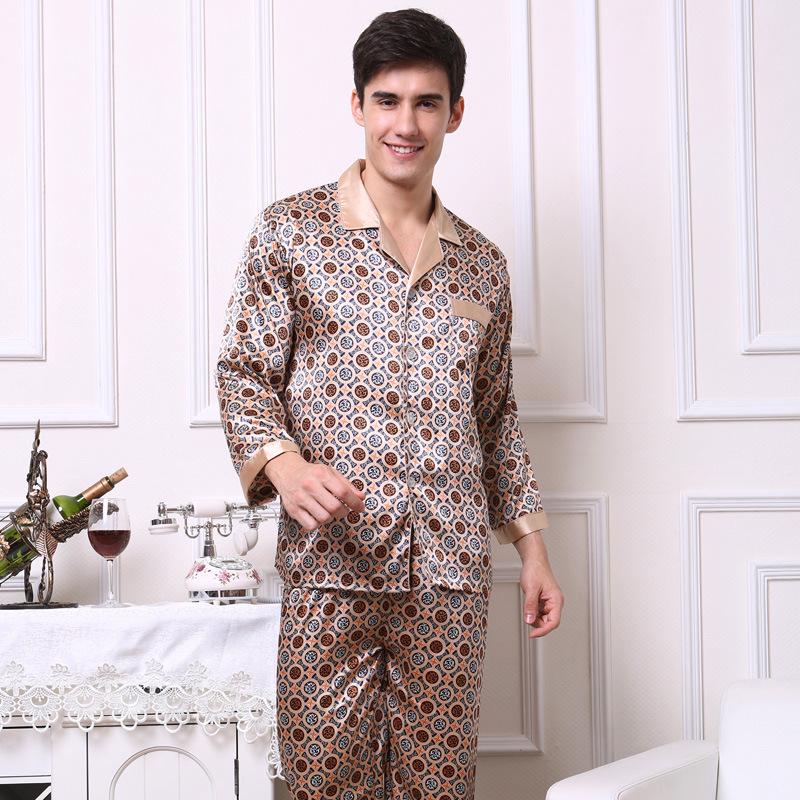 Men's Silk Long Sleeve Pajamas Set: Spring to Autumn, Lightweight, Loose, and Comfortable Homewear.