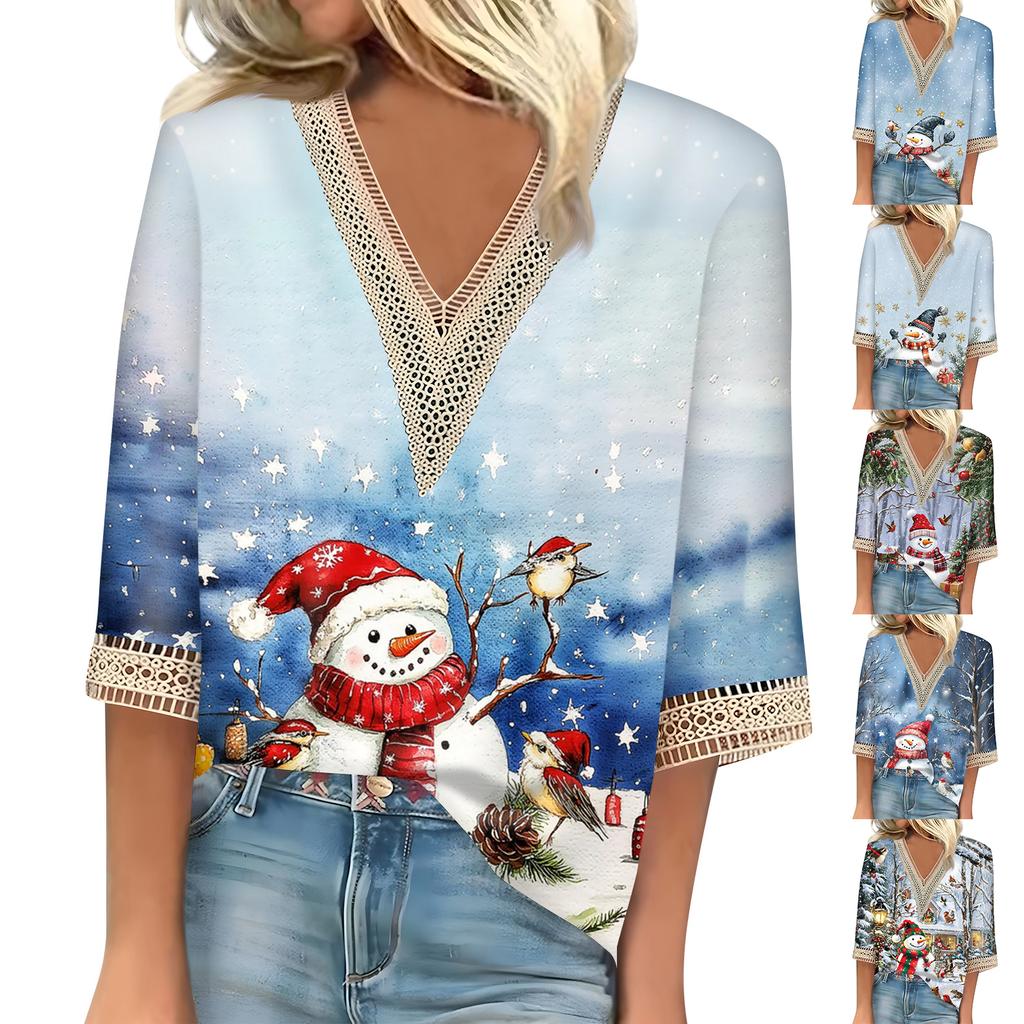 Women's Loose Casual Three-quarter Sleeve V-neck Lace Loose Christmas Print T-shirt Top