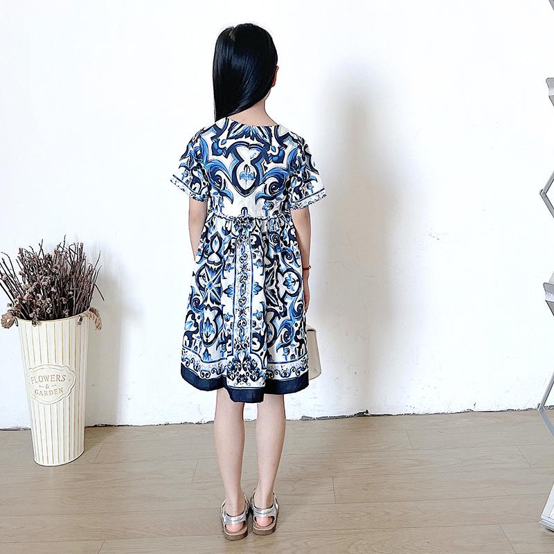 2025 European & American Style Blue & White Porcelain Spaghetti Strap Sleeveless Dress for Girls