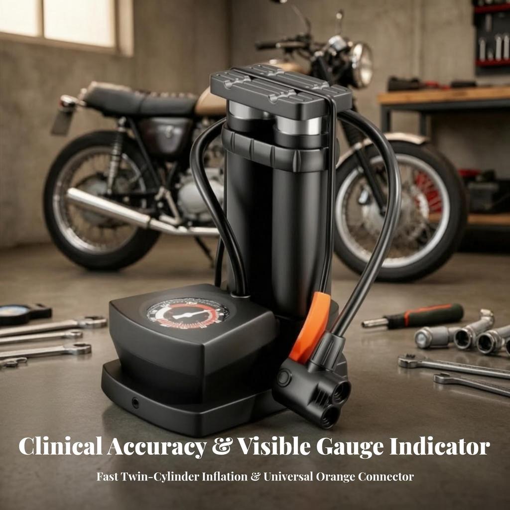 Compact Bike Foot Pump | Wide Non-Slip Pedal, Double Cylinder Pump,