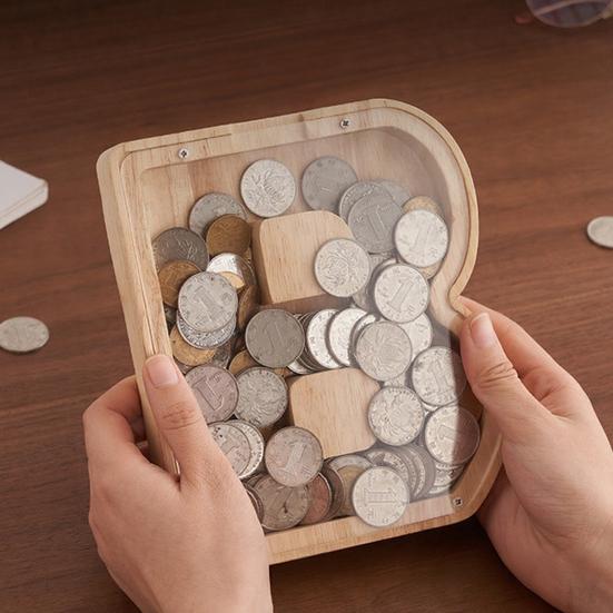 Wooden Piggy Bank with Clear Window, A-Z Letter Coin Cash Container for Kids Adults, Unbreakable Money Saving Box Decoration