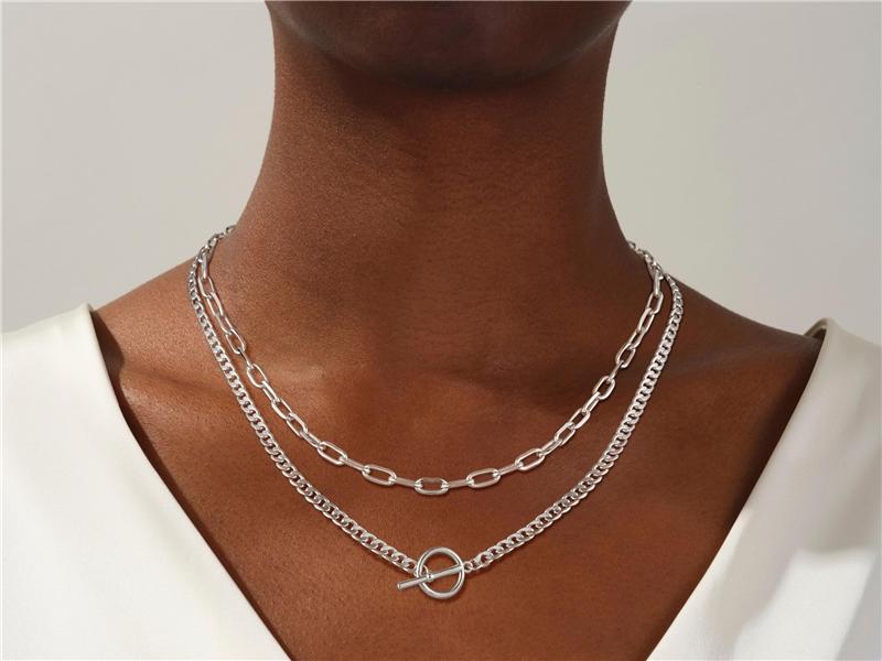Silbernes doppellagiges Sicherheitsnadel-Kettenhalsband mit kubanischer OT-Schließe 42+46+5cm Gliederkette für Geschenk Hauptmaterial Messing S0870