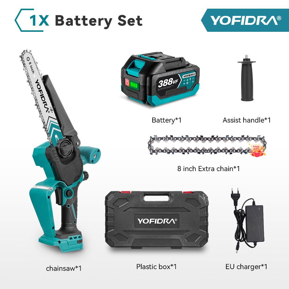 

YOFIDRA 8-дюймовая 4500 Вт бесщеточная электрическая пила для обрезки, аккумуляторная цепная пила для деревообработки, совместимая с аккумулятором Makita 18V-21V 1 Battery EU Plug