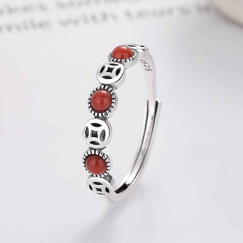 CaiYi S925 Sterling Silver Natural NanHong Agate Coin Ring - Chinese Style Luck & Wealth Accessory